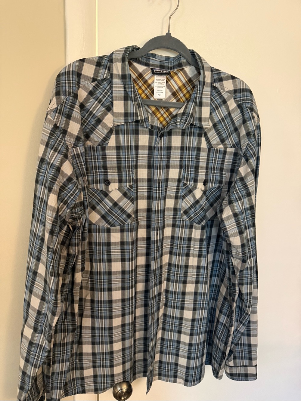 Patagonia Plaid Button-Up Shirt in Gray, Blue, Yellow
